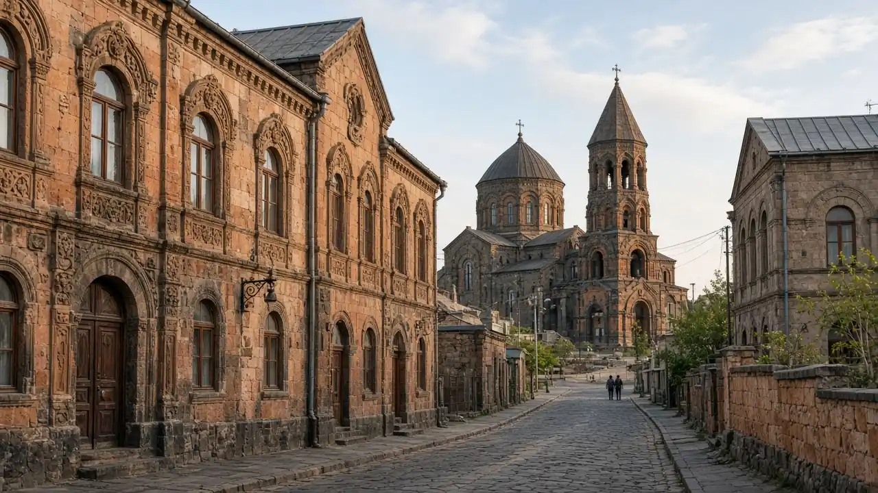 KI-Illustration: Historische Tuffsteinhäuser an einer Straße im Kumajri-Viertel von Gjumri