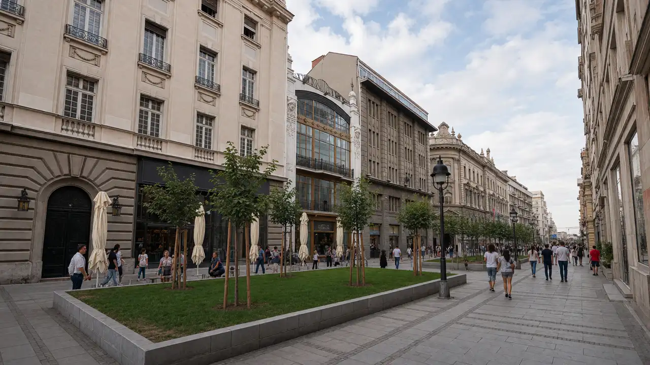 KI-Illustration: Fassaden der Fußgängerstraßen zwischen Knez Mihailova und Dorćol in Belgrad