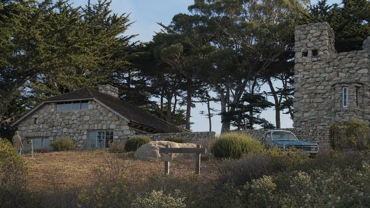 KI-Illustration von Tor House und Hawk Tower in Carmel