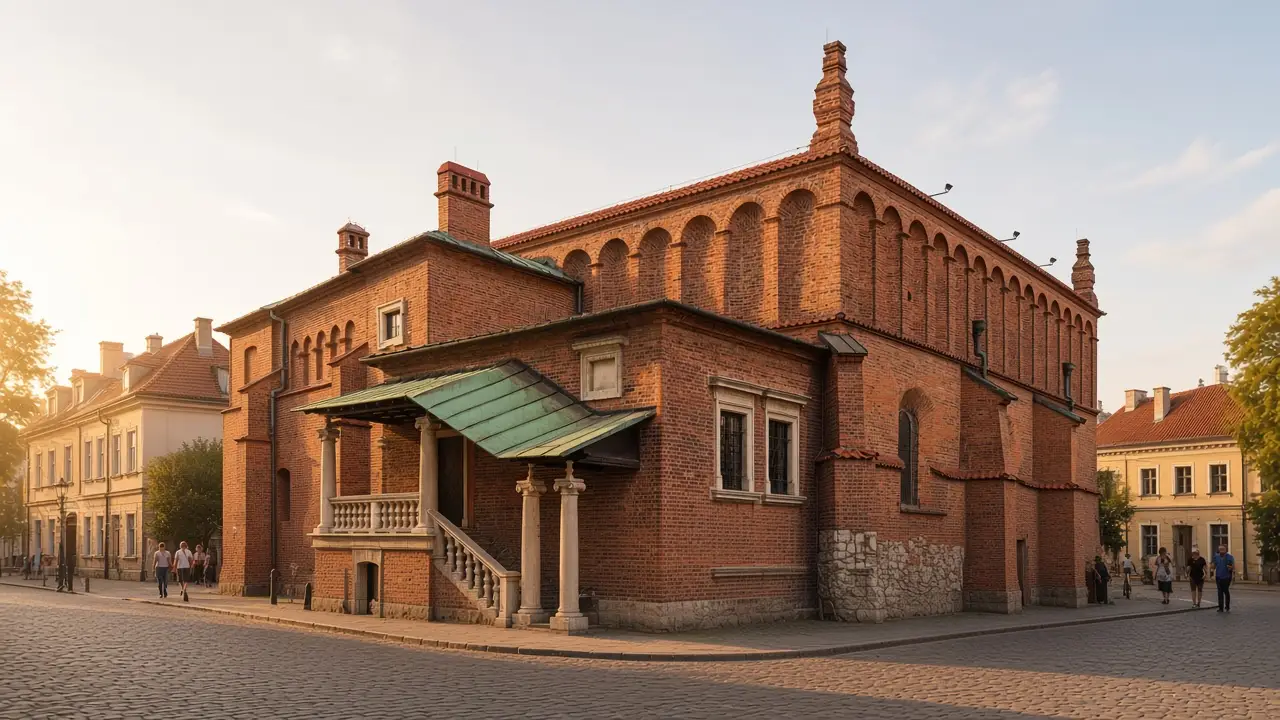 KI-Illustration: Alte Synagoge in Kazimierz, Krakau, mit festungsartiger Renaissanceattika und Gebäuden der Szeroka-Straße