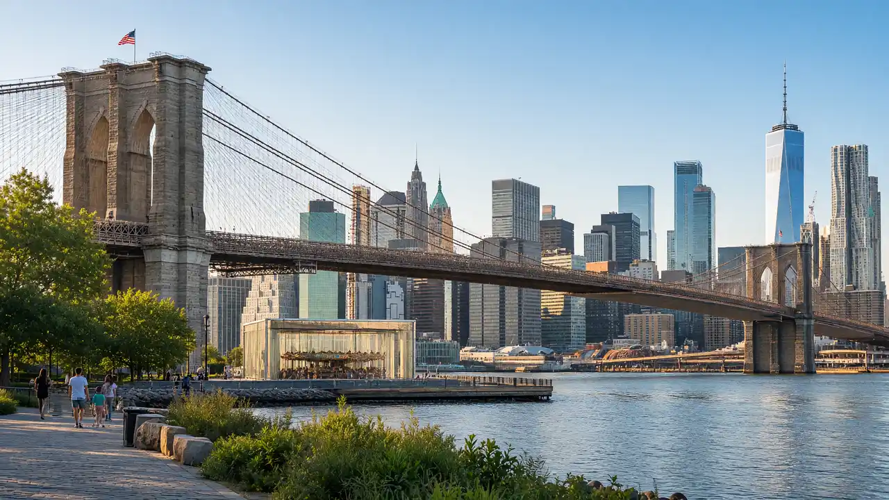 KI-Illustration: Brooklyn Bridge und Skyline von Manhattan