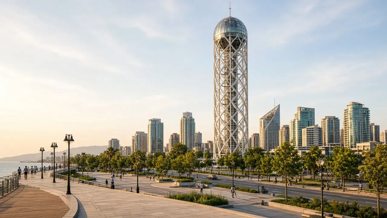 KI-Illustration: Alphabet-Turm und Stadtsilhouette rund um Batumis Miracle Park