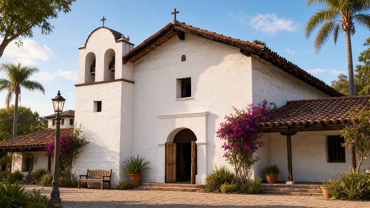 KI-Illustration: Kapelle von El Presidio in Santa Barbara