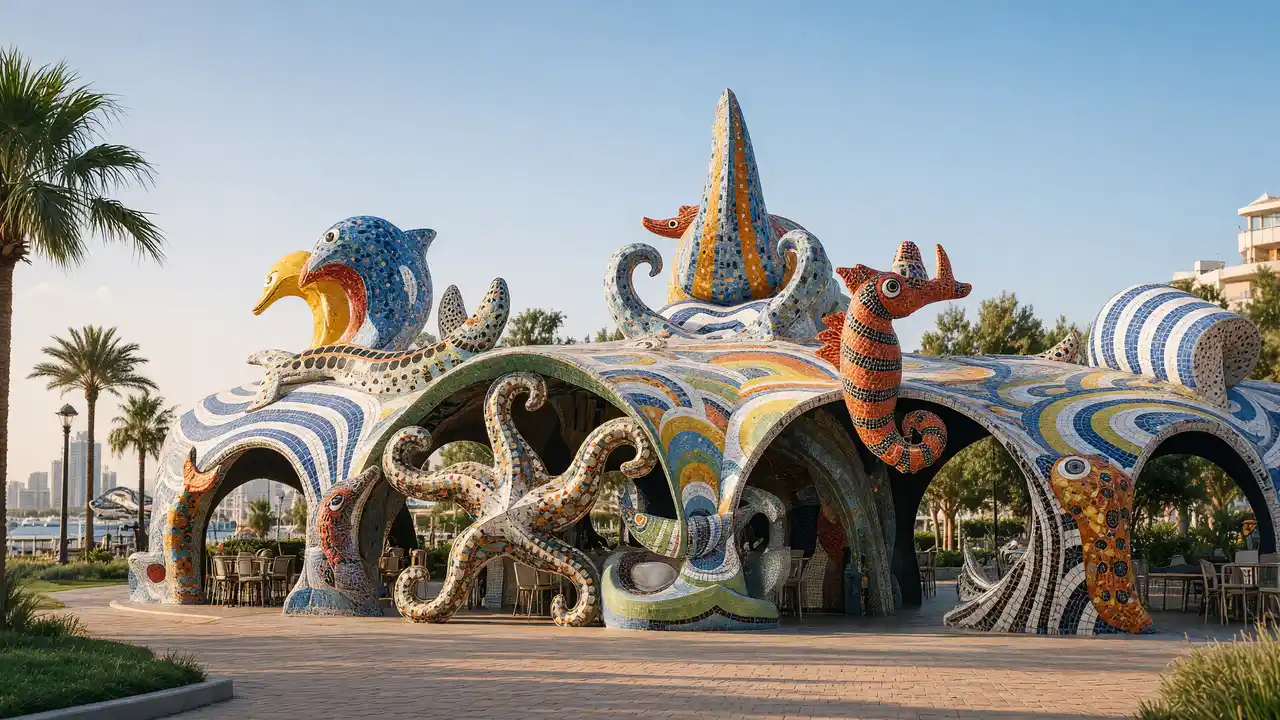 KI-Illustration: Mosaikcafé Fantasie, auch Oktopus genannt, in Batumi