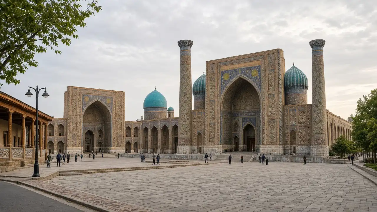 KI-Illustration: Kachelfassaden der Registan-Medresen in Samarkand