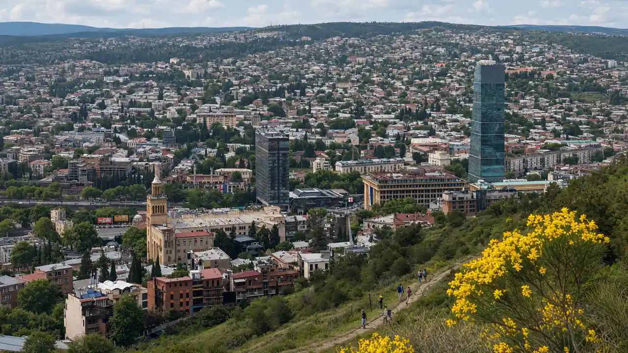KI-Illustration: Dichtes Stadtpanorama von Tiflis von der Mtazminda aus