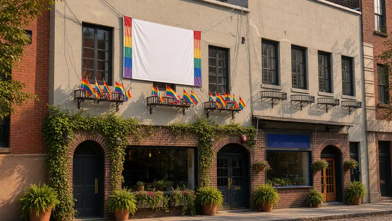 KI-Illustration: Fassade des Stonewall Inn in Greenwich Village