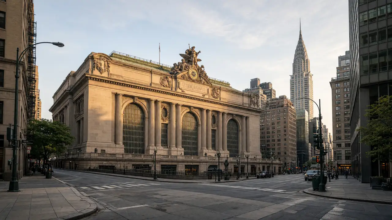 KI-Illustration: Grand Central Terminal und Chrysler Building in Midtown