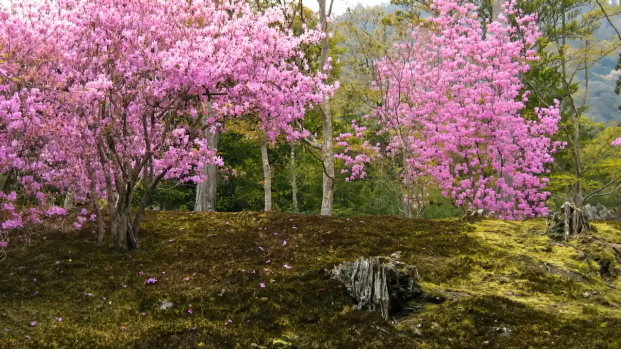 KI-Illustration: Blühende Bäume im Garten des Tenryu-ji in Kyoto