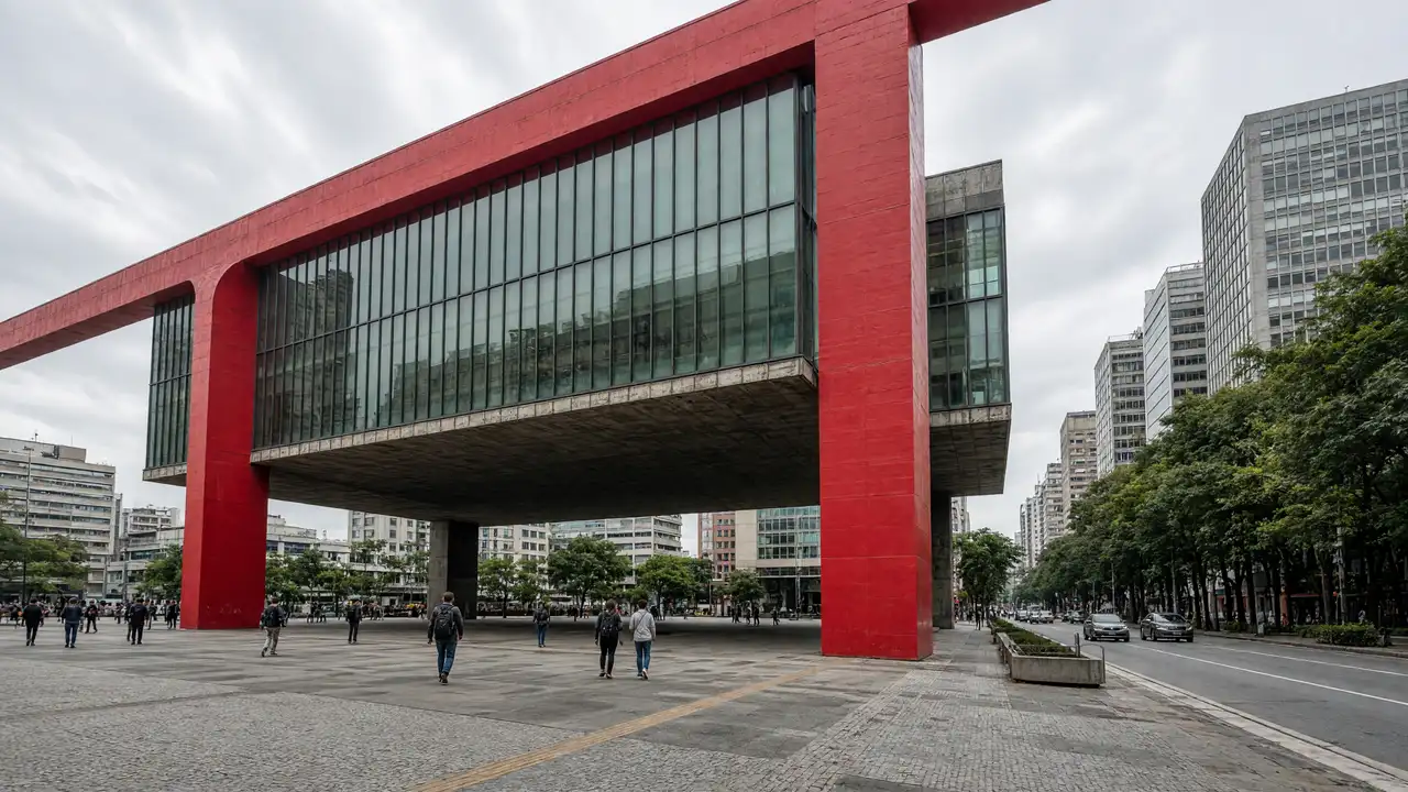 KI-Illustration: Fußgängerraum unter dem MASP an der Avenida Paulista