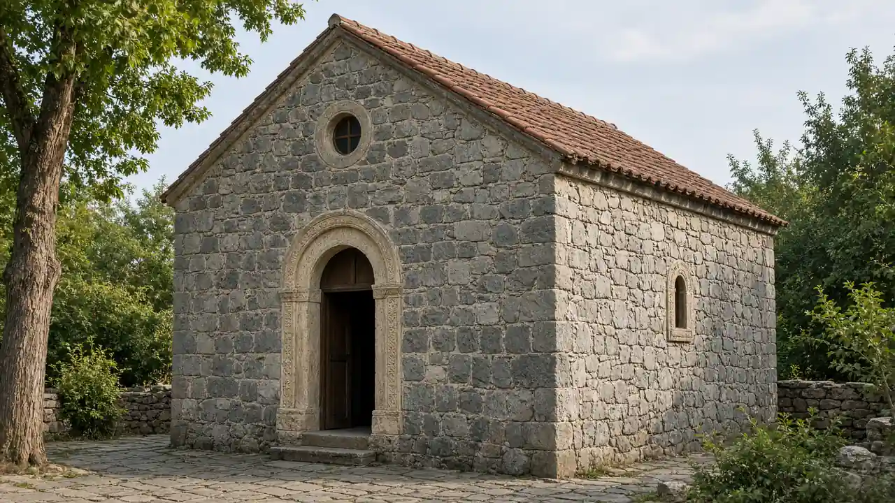 KI-Illustration: Kleine Dreifaltigkeitskirche in Bakuriani