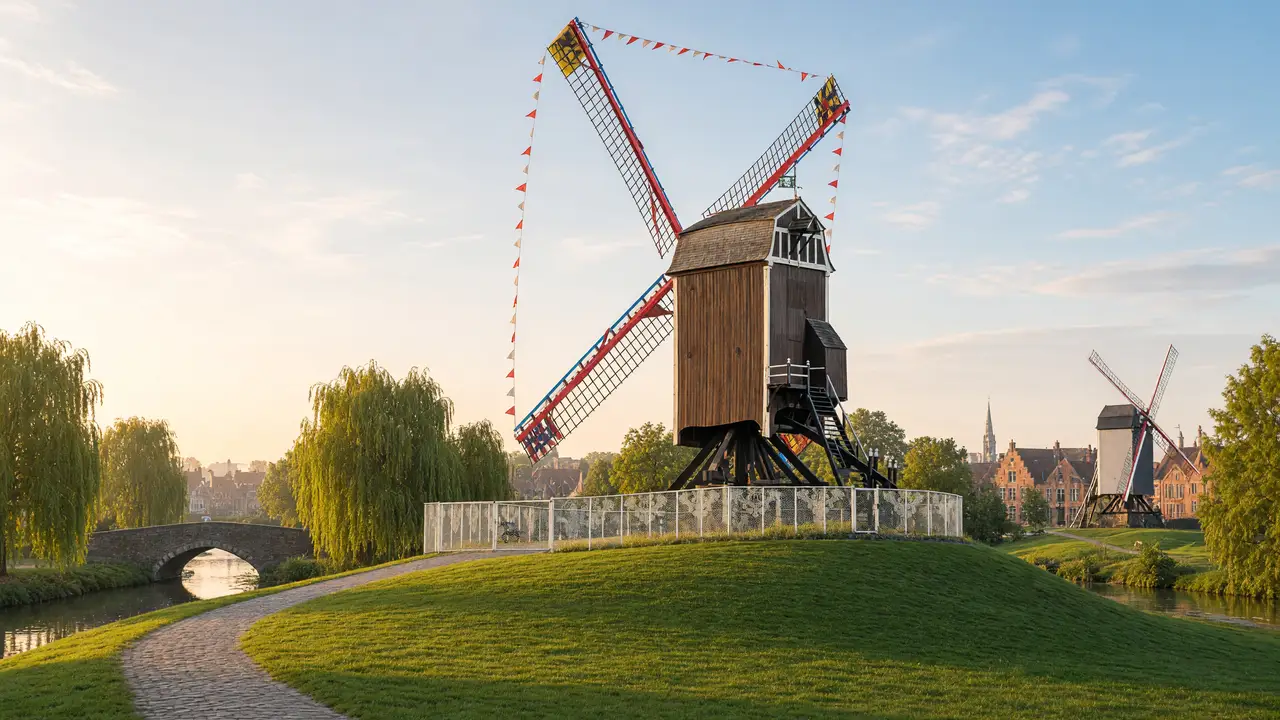 KI-Illustration: Sint-Janshuis-Windmühle in Brügge