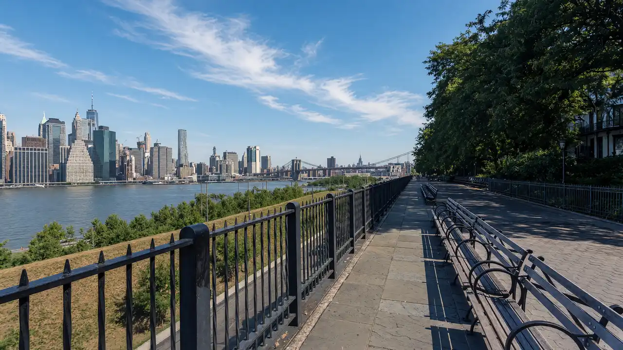 KI-Illustration der Brooklyn Heights Promenade und Manhattans