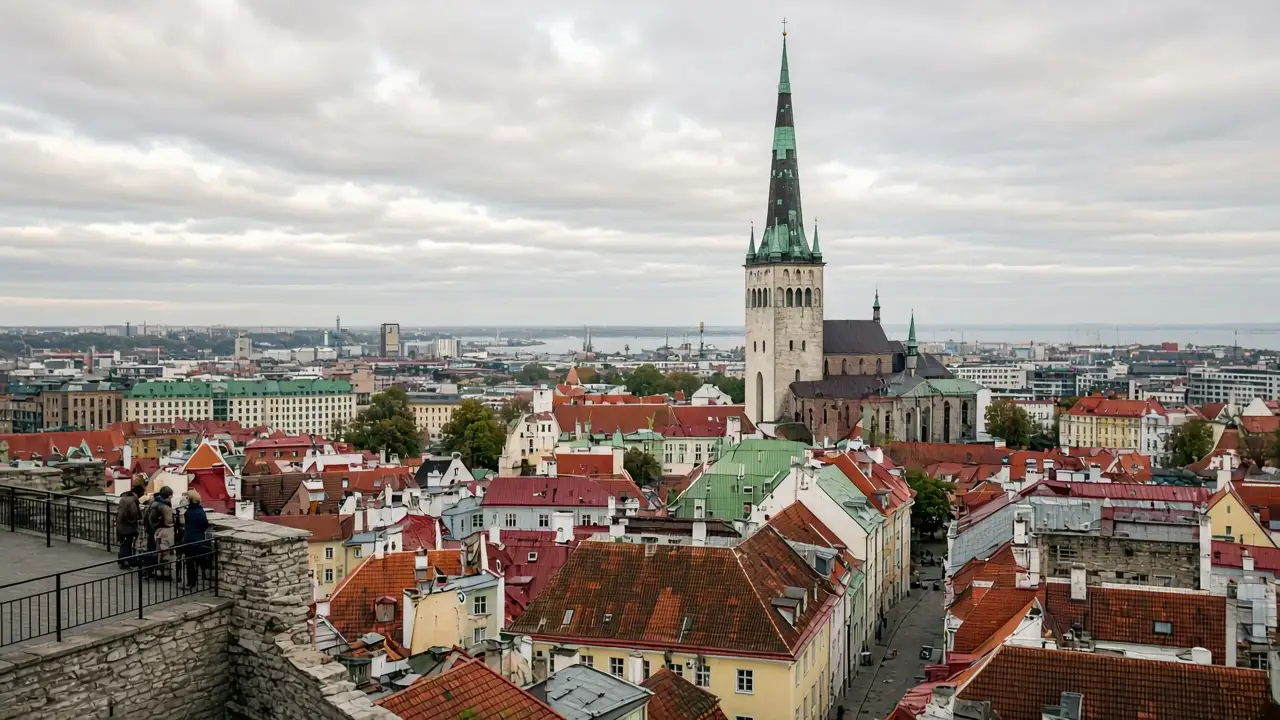AI illustration: Tallinn old town red rooftops and St Olafs Church spire from Kohtuotsa viewing platform, dense recognizable cityscape