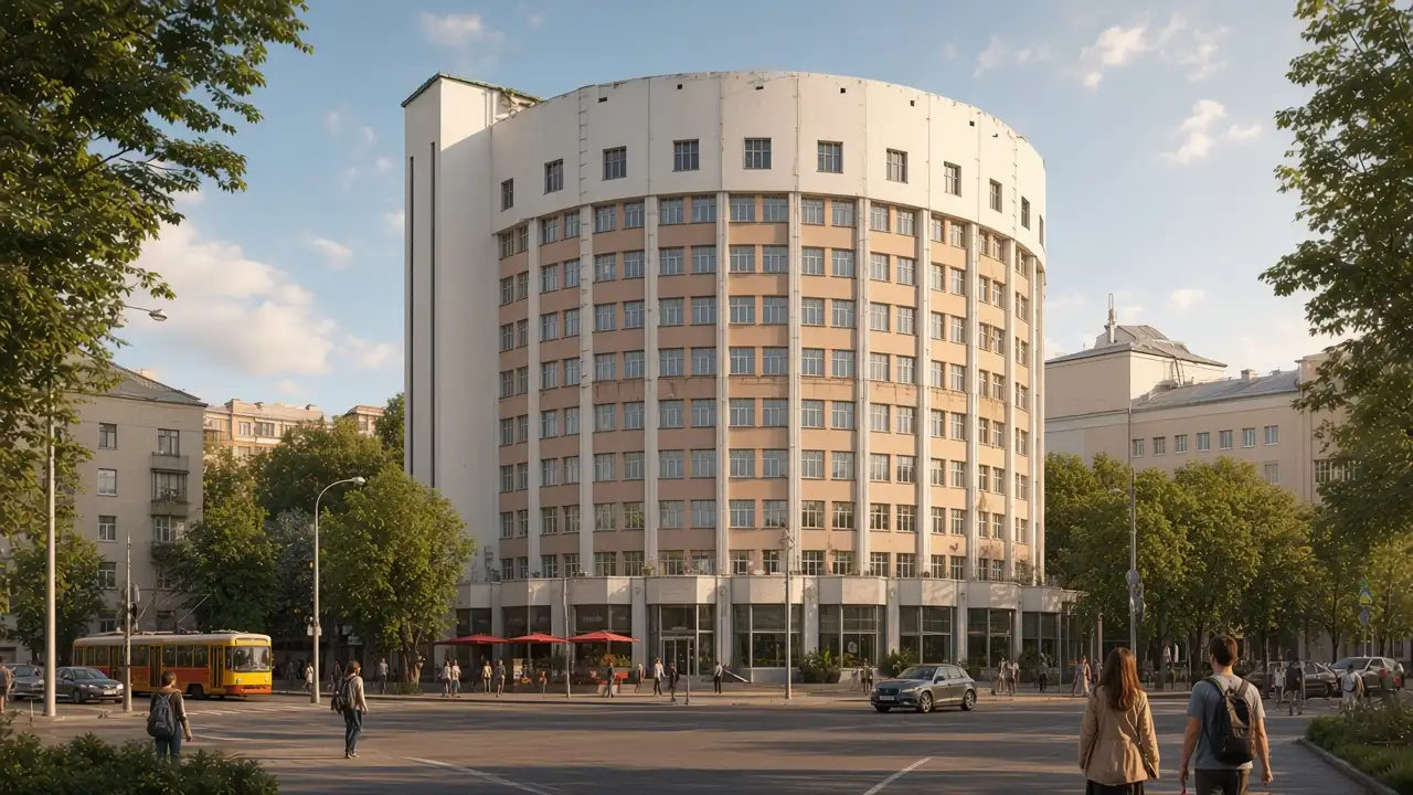 KI-Illustration: Konstruktivistischer halbkreisförmiger Bau des Hotels Isset in Jekaterinburg