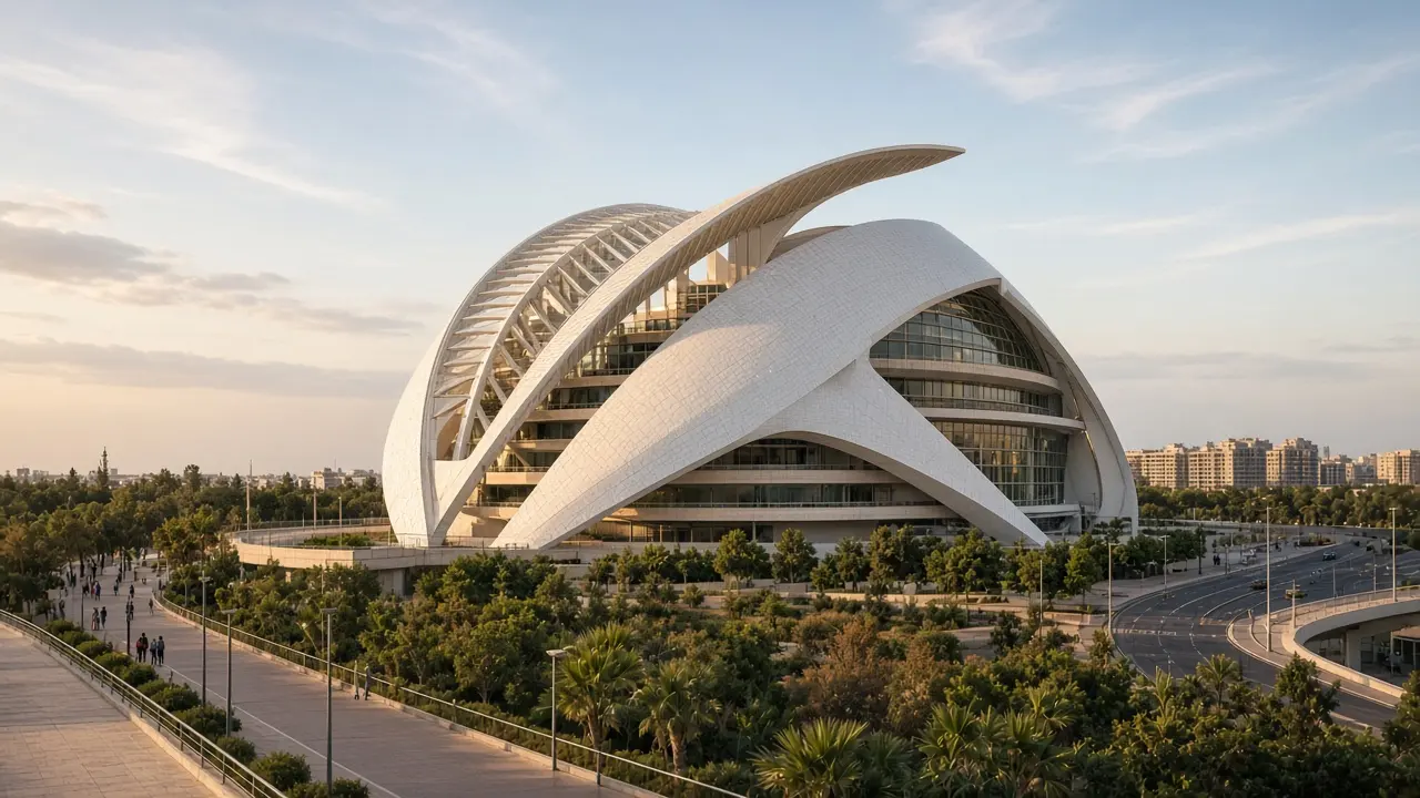 KI-Illustration: Palau de les Arts Reina Sofía in Valencia, monumentale weiße Opernskulptur mit Turia-Gärten und städtischer Umgebung
