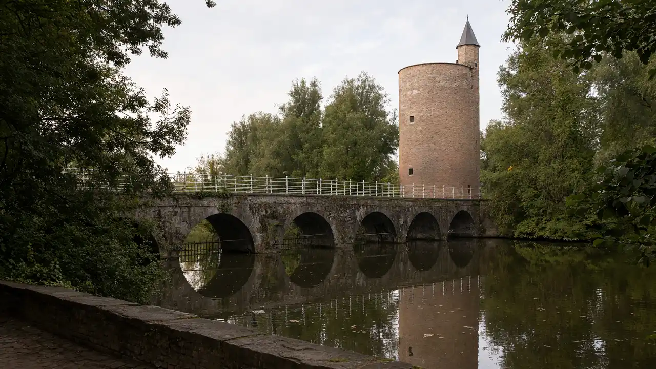 KI-Illustration von Minnewater und Pulverturm in Brügge