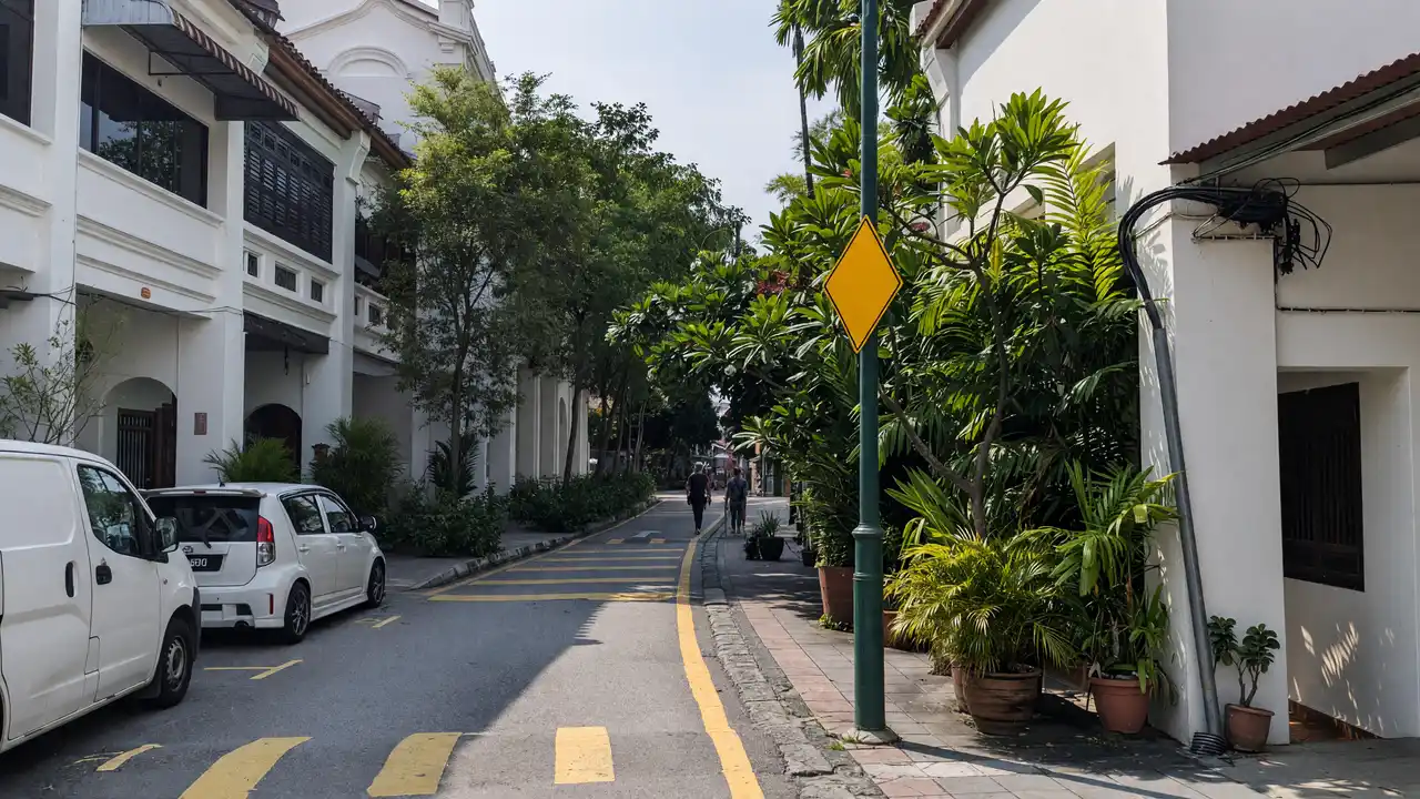 KI-Illustration: Armenian Street in George Town auf Penang mit historischen Geschäftshäusern, bunten Fensterläden und charakteristischer Straßenkunst