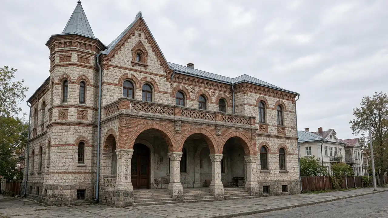 KI-Illustration: Arkade und Turm des Heimatmuseums Bordschomi