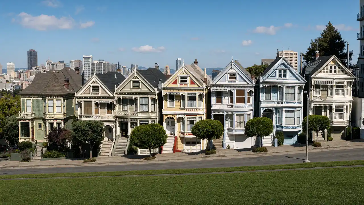 KI-Illustration der Painted Ladies vom Alamo Square aus
