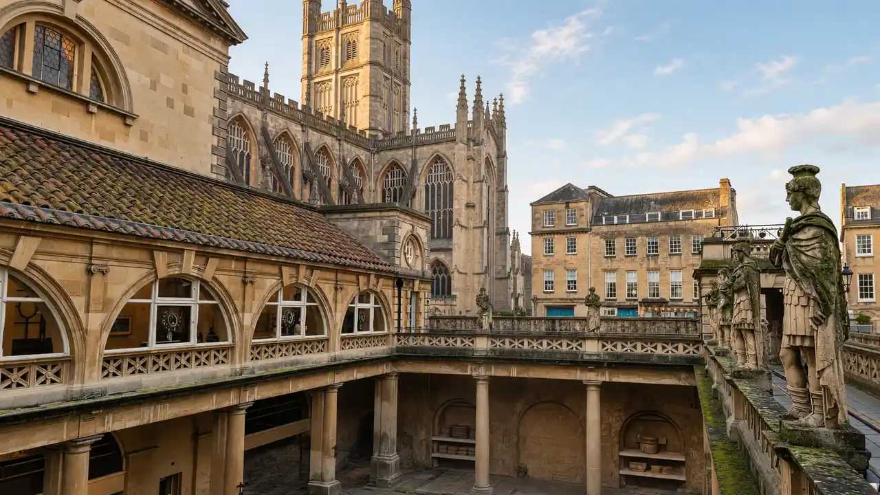 KI-Illustration: Bath: Römische Bäder und Abteikirche
