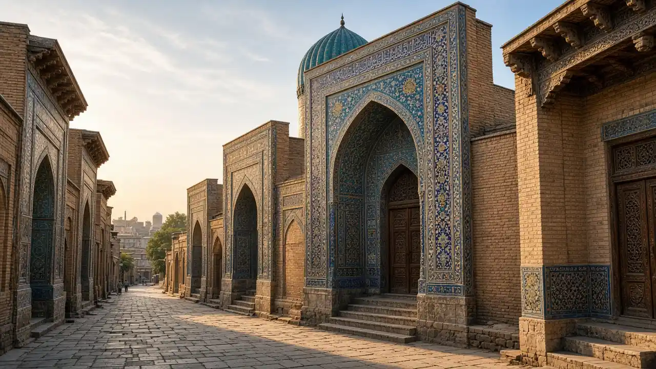KI-Illustration: Geflieste Mausoleumsportale entlang des Durchgangs von Schahi-Sinda in Samarkand