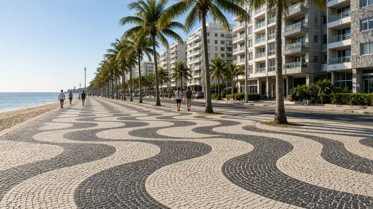 KI-Illustration: Wellenförmiges Pflaster an der Copacabana-Promenade in Rio de Janeiro