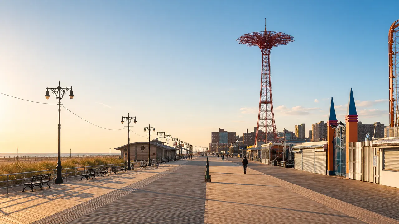 KI-Illustration: Strandpromenade von Coney Island und Parachute-Jump-Turm
