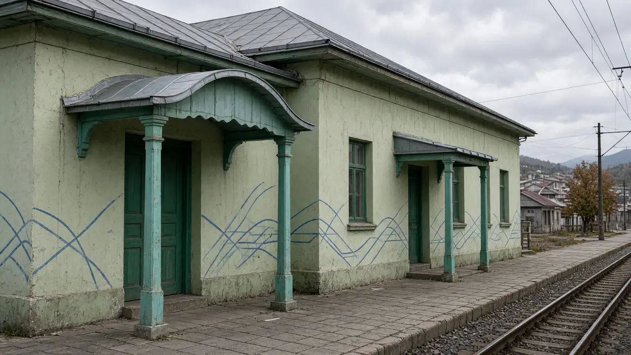 KI-Illustration: Grüne Veranden des alten Bahnhofs Bakuriani vom Bahnsteig aus gesehen