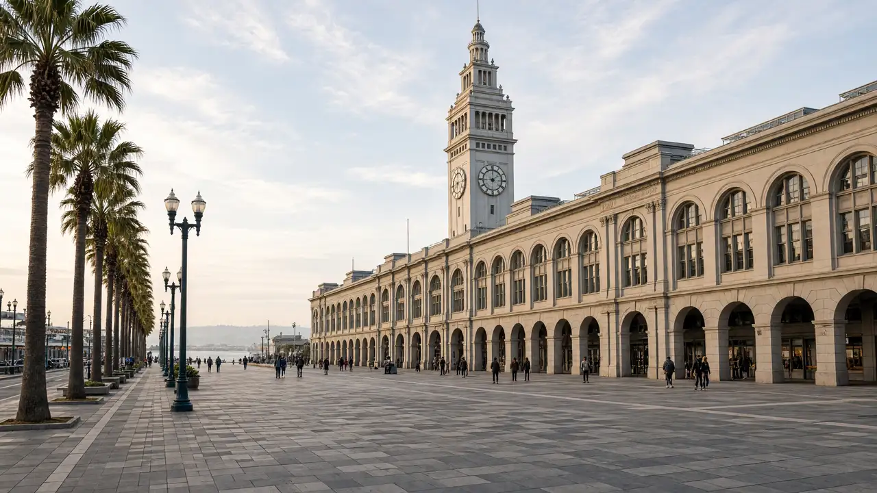 KI-Illustration: Ferry Building an der Embarcadero-Uferpromenade