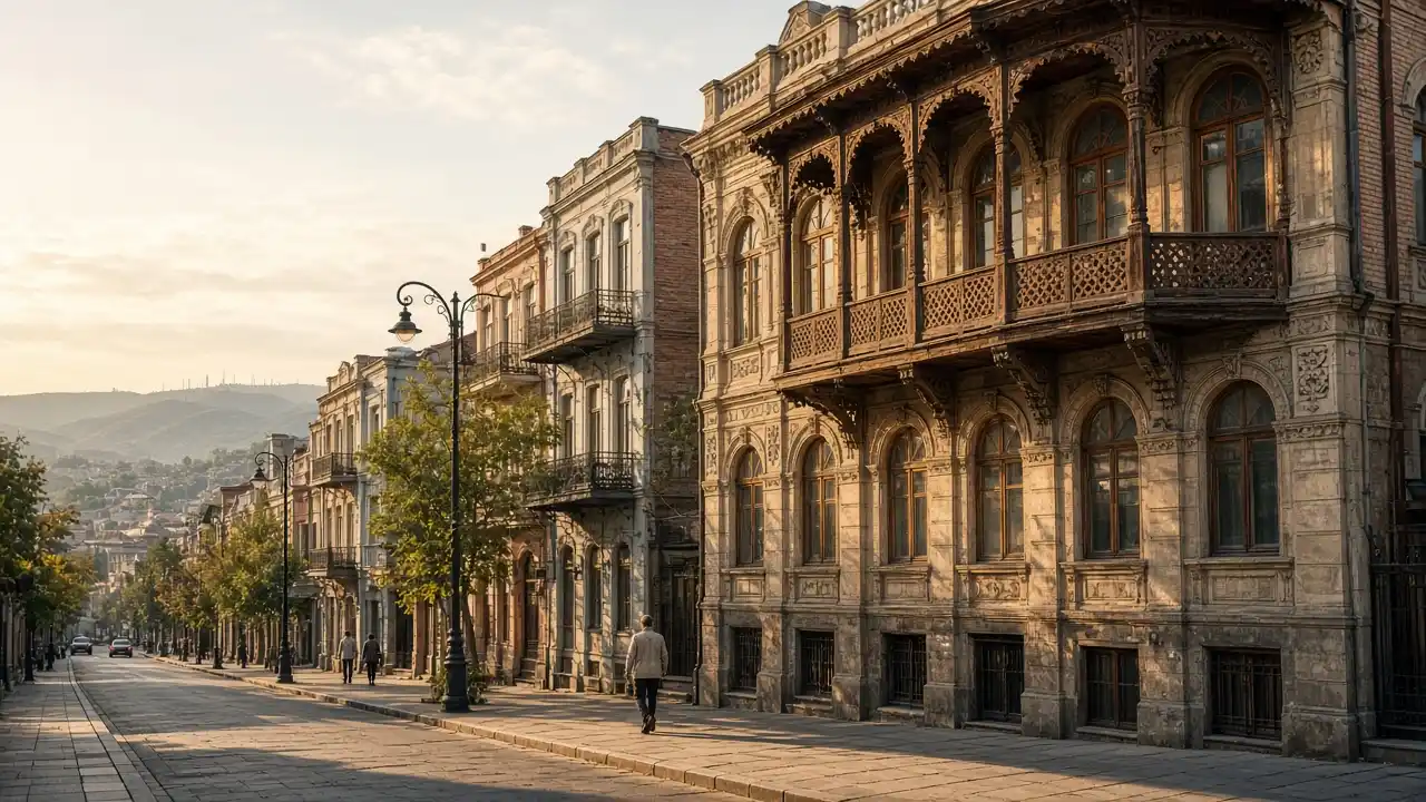 KI-Illustration: Historische Straßenfassaden an der Aghmashenebeli-Allee in Tiflis