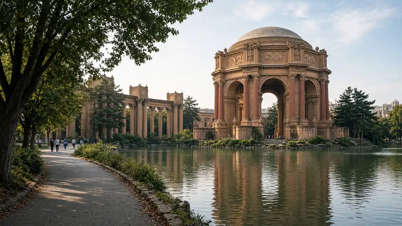 KI-Illustration: Palace of Fine Arts und Lagune in San Francisco