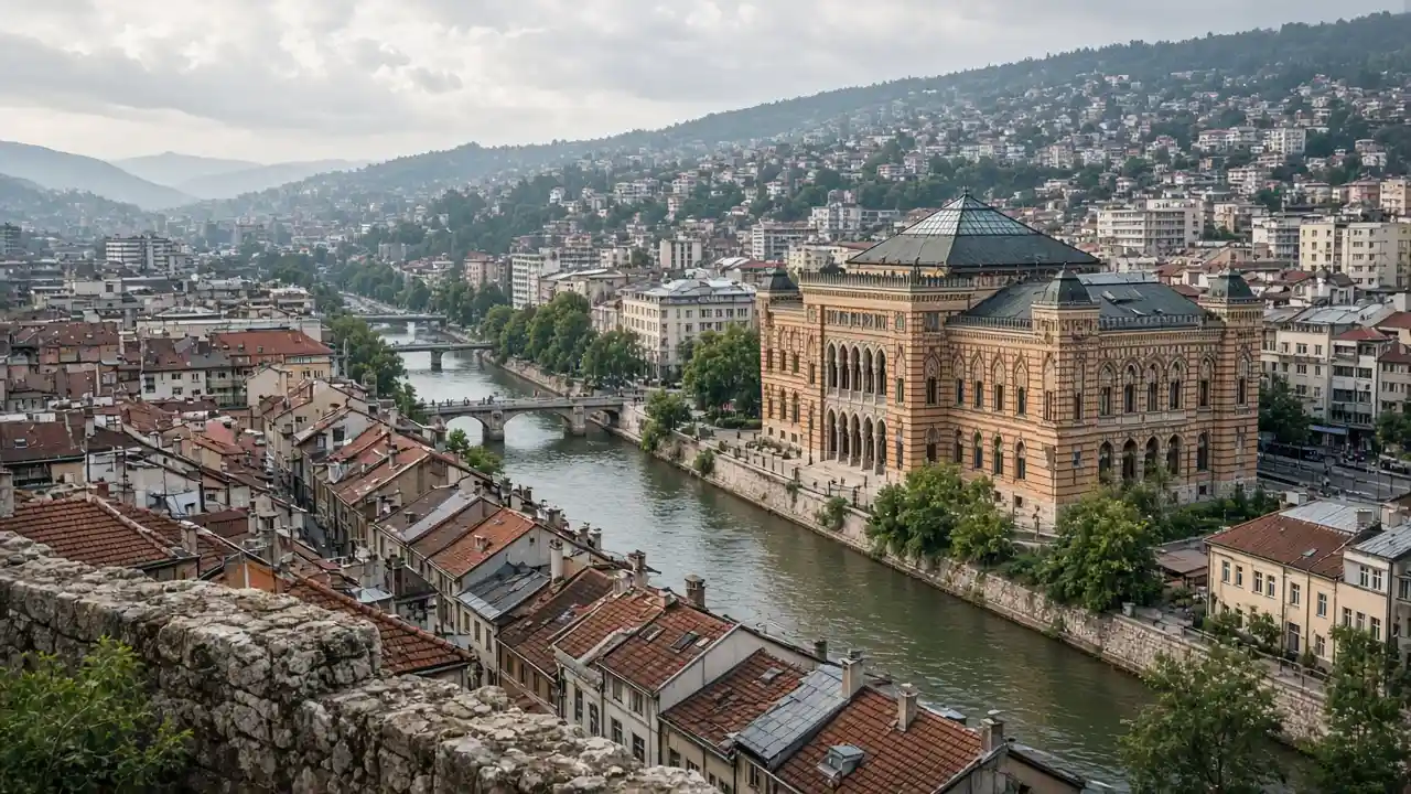 KI-Illustration: Dächer, Fluss und Rathaus von Sarajevo von der Gelben Bastion aus
