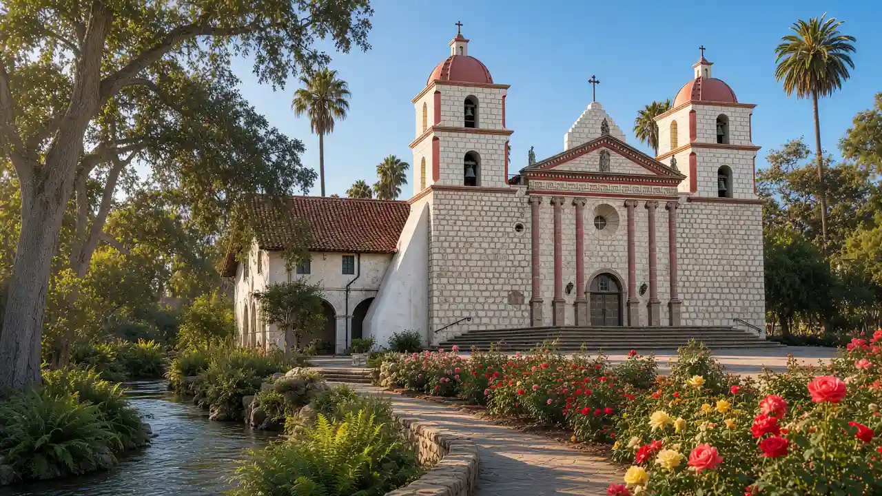 KI-Illustration: Doppelte Glockentürme der Old Mission Santa Barbara