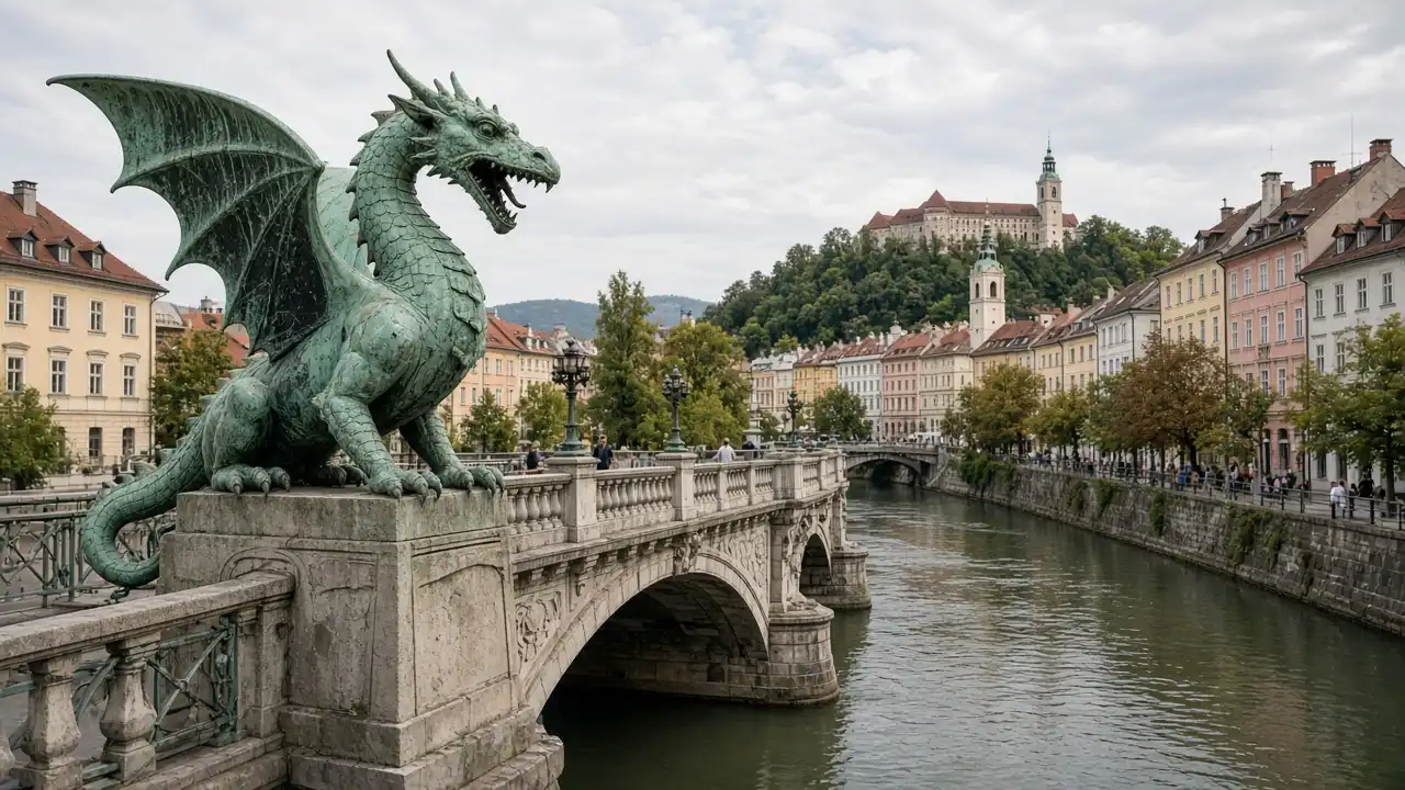 KI-Illustration: Drachenbrücke in Ljubljana mit grüner Kupferdrachenskulptur im Vordergrund und städtischem Flussufer dahinter
