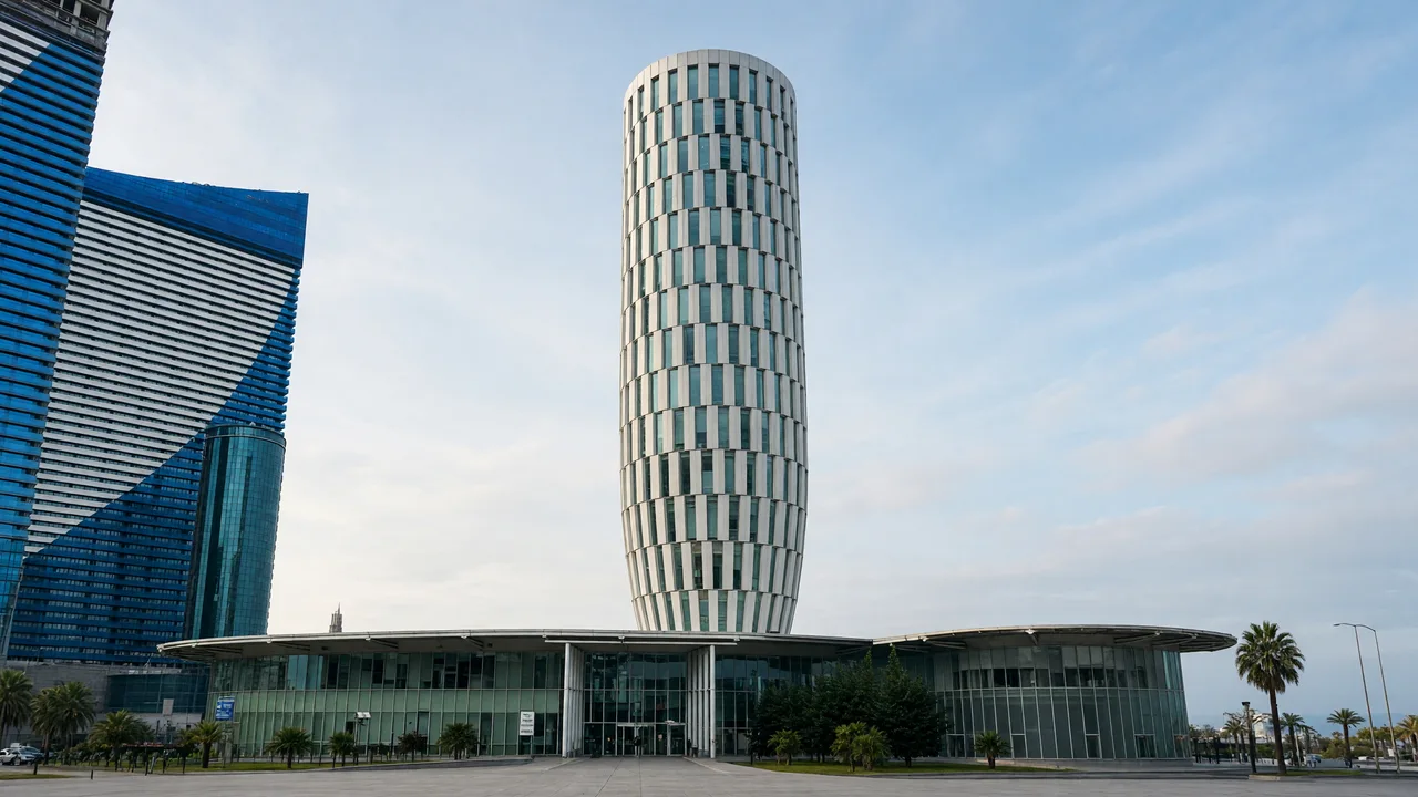 KI-Illustration: Zylindrischer Turm des Justizhauses in Batumi
