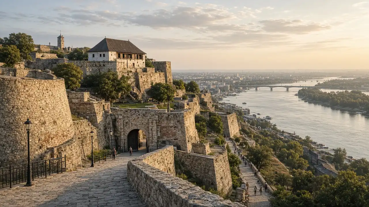 KI-Illustration: Festung Belgrad und die beiden Flüsse hinter Kalemegdan
