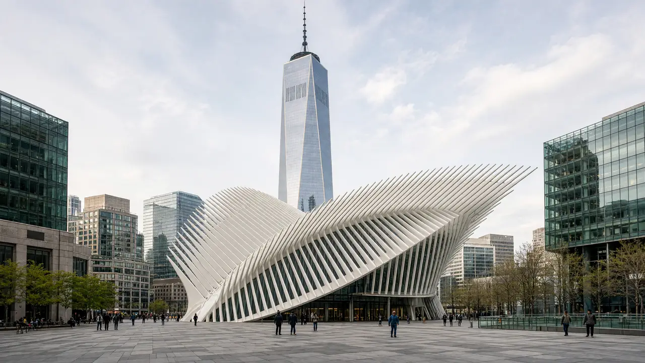 KI-Illustration: Oculus und One World Trade Center in Lower Manhattan